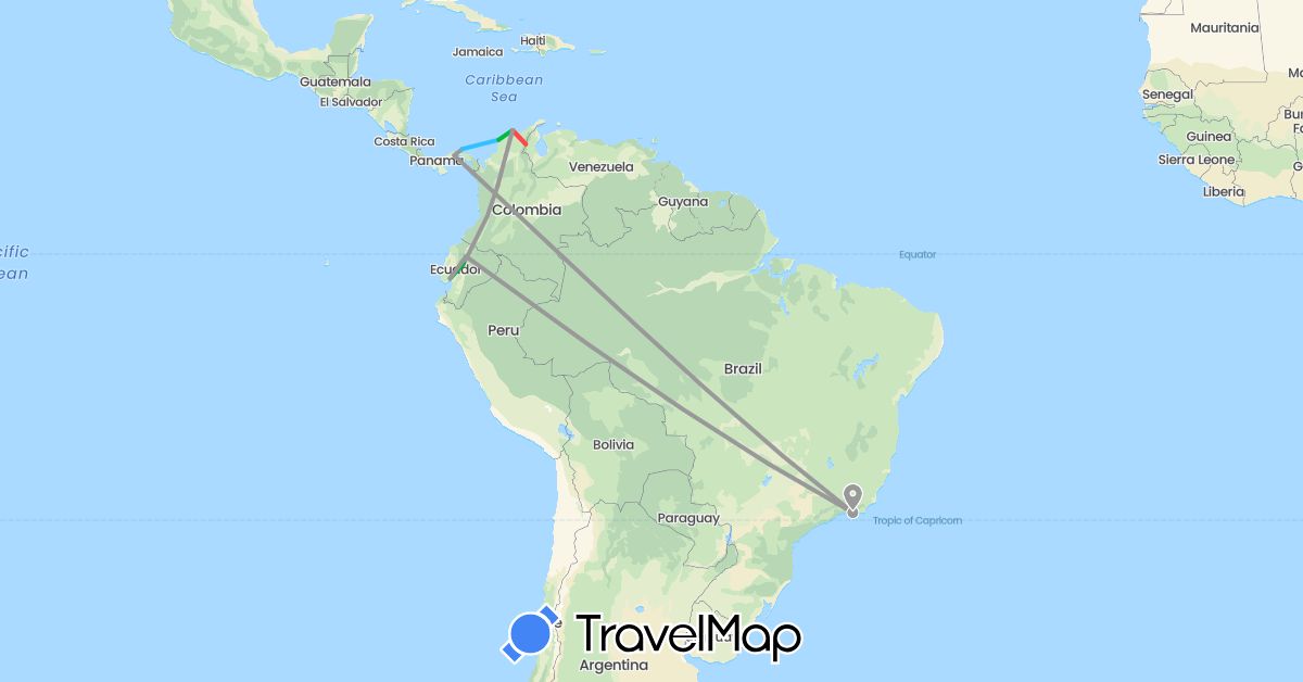 TravelMap itinerary: driving, bus, plane, hiking, boat in Brazil, Colombia, Ecuador, Panama (North America, South America)